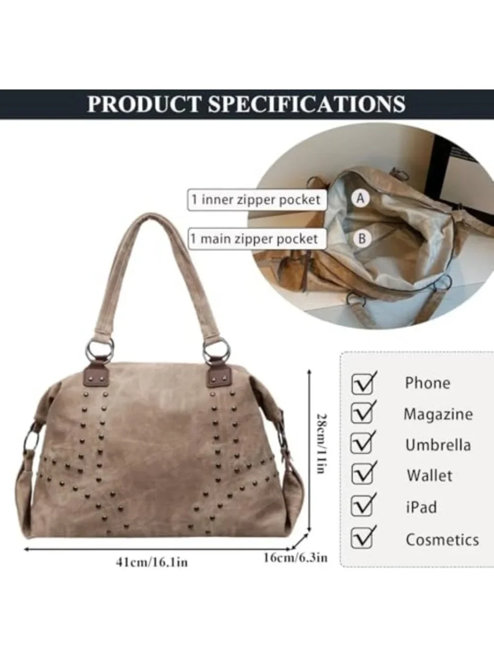 Trendy Faux Leather Studded Tote Handbag - Y2K Punk Hobo Shoulder Bag for Women